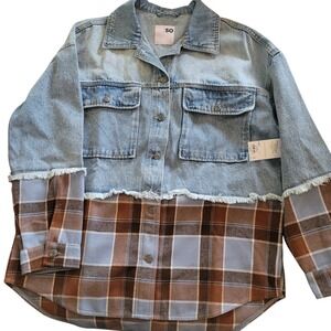 SO denim mixed plaid jacket women size L blue brown button down frayed hem‎
